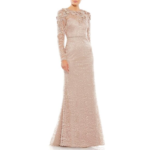 $898 Mac Duggal 11217 Size 18 Nude Pink‎ Long Sleeve High Neck Floral Gown Dress - Picture 2 of 6